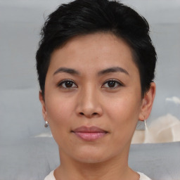 Neutral asian young-adult female with short  brown hair and brown eyes