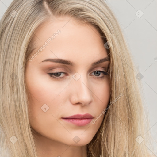 Neutral white young-adult female with long  brown hair and brown eyes