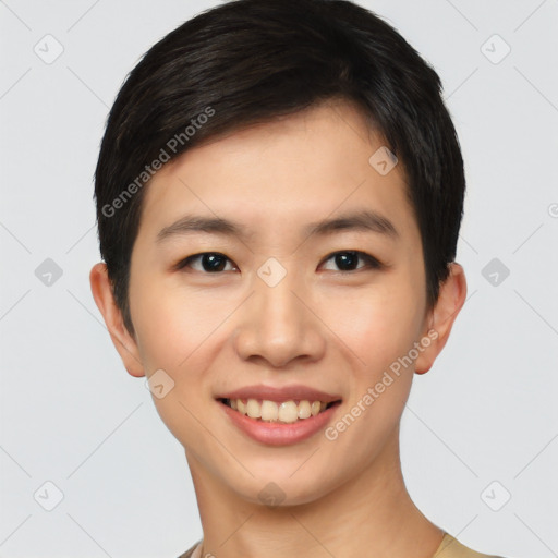 Joyful asian young-adult female with short  black hair and brown eyes