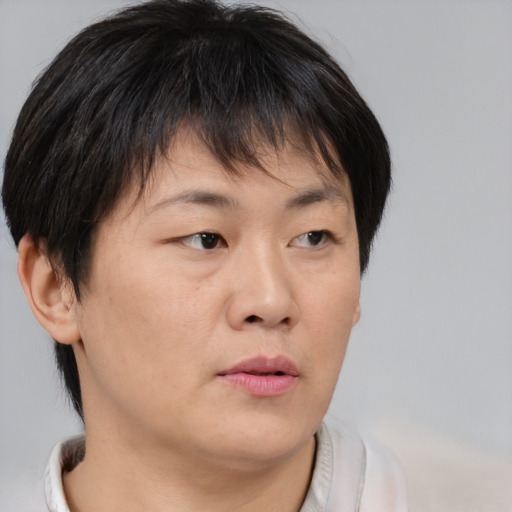 Neutral asian young-adult female with short  brown hair and brown eyes