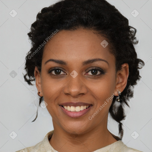 Joyful black young-adult female with medium  black hair and brown eyes