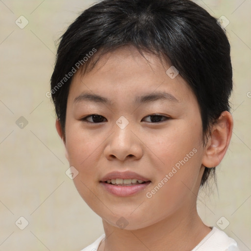 Joyful asian young-adult female with short  brown hair and brown eyes