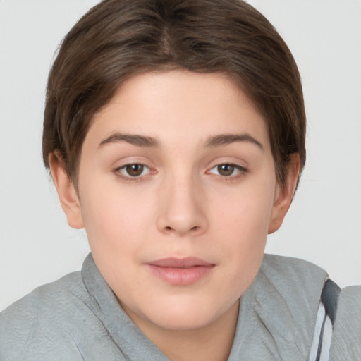 Neutral white young-adult female with short  brown hair and brown eyes