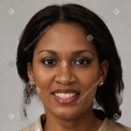 Joyful black young-adult female with medium  brown hair and brown eyes