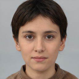 Neutral white young-adult female with short  brown hair and brown eyes