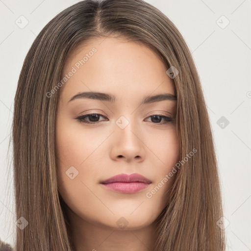 Neutral white young-adult female with long  brown hair and brown eyes