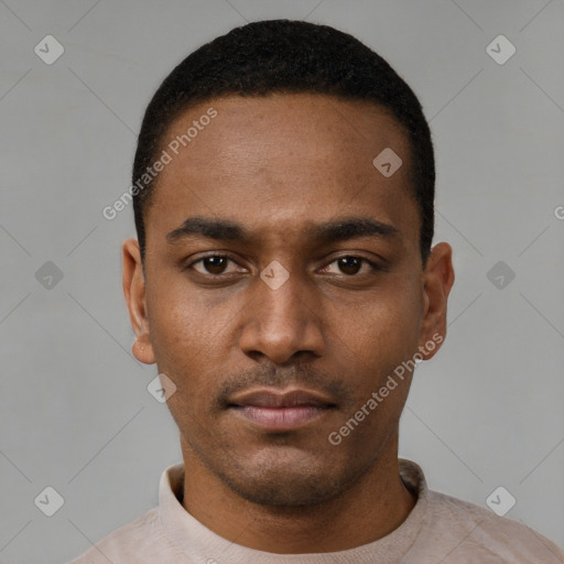 Neutral black young-adult male with short  black hair and brown eyes