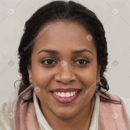 Joyful black young-adult female with long  brown hair and brown eyes