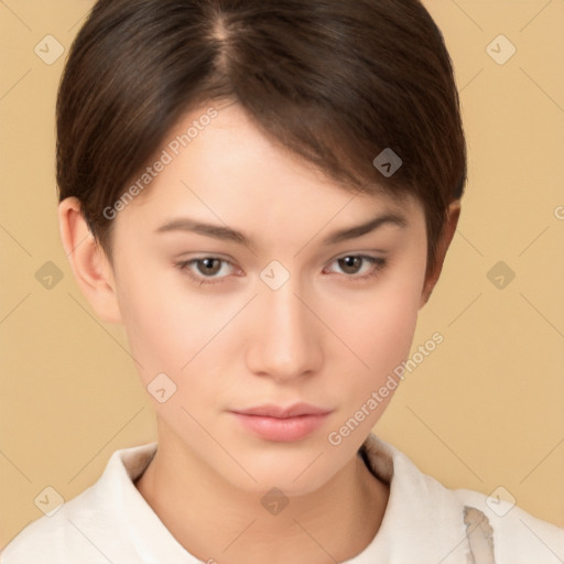 Neutral white young-adult female with short  brown hair and brown eyes