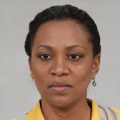 Neutral black adult female with short  black hair and brown eyes