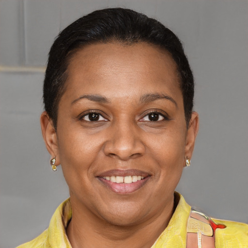 Joyful latino adult female with short  brown hair and brown eyes