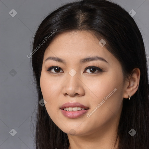 Joyful white young-adult female with long  brown hair and brown eyes