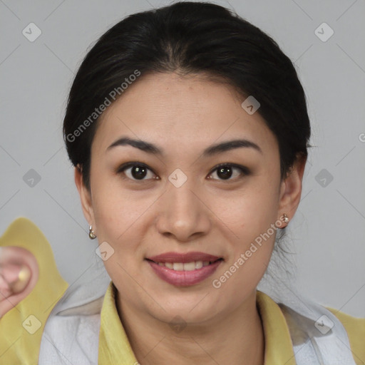 Joyful asian young-adult female with short  brown hair and brown eyes