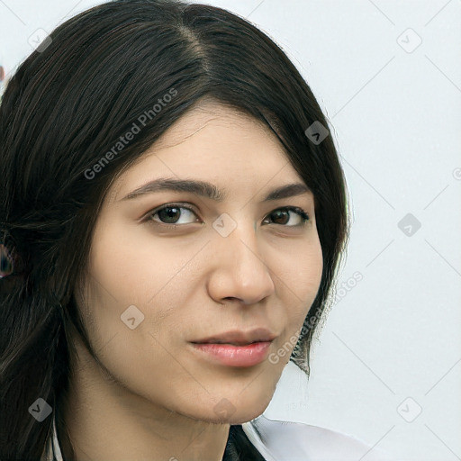 Neutral white young-adult female with long  brown hair and brown eyes