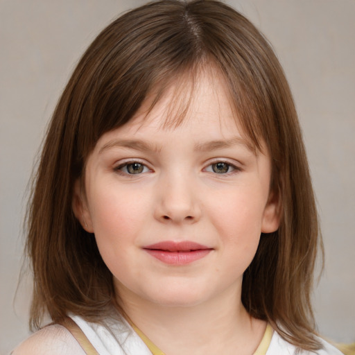 Neutral white child female with medium  brown hair and grey eyes