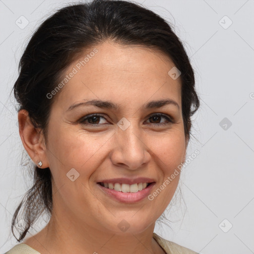 Joyful white adult female with medium  brown hair and brown eyes