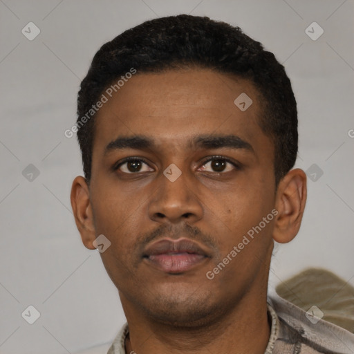Neutral latino young-adult male with short  black hair and brown eyes