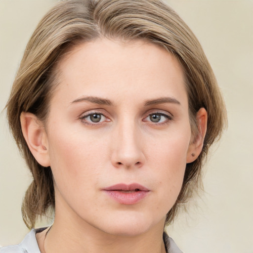 Neutral white young-adult female with medium  brown hair and grey eyes