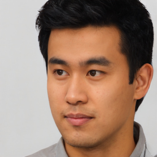 Neutral asian young-adult male with short  black hair and brown eyes