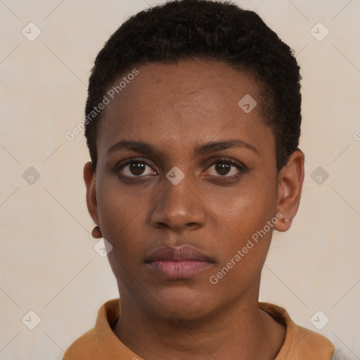 Neutral black young-adult female with short  brown hair and brown eyes