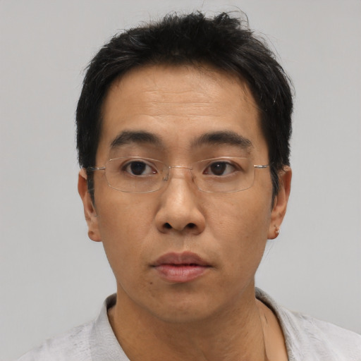 Neutral asian adult male with short  black hair and brown eyes