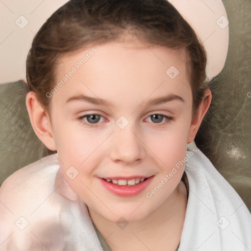 Joyful white child female with medium  brown hair and brown eyes