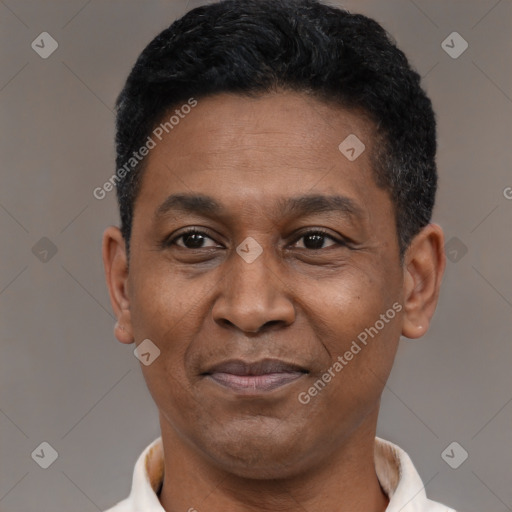 Joyful latino adult male with short  black hair and brown eyes