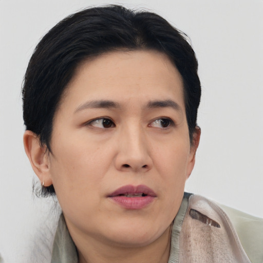 Neutral asian young-adult female with short  brown hair and brown eyes