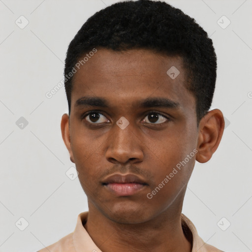 Neutral black young-adult male with short  black hair and brown eyes