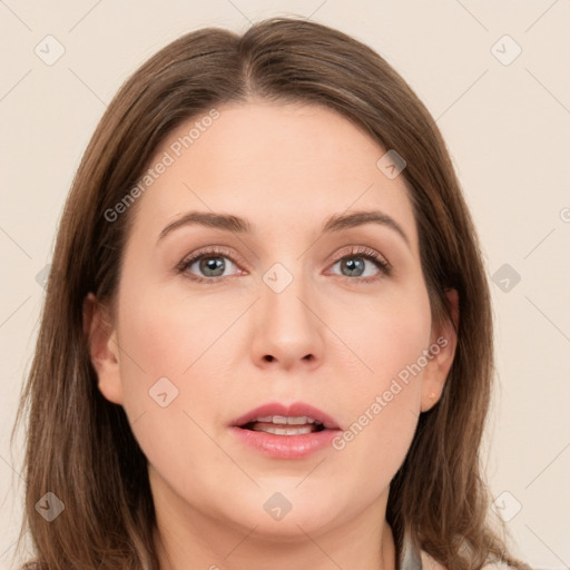 Neutral white young-adult female with long  brown hair and grey eyes