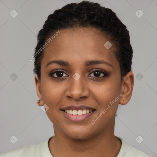 Joyful latino young-adult female with short  brown hair and brown eyes