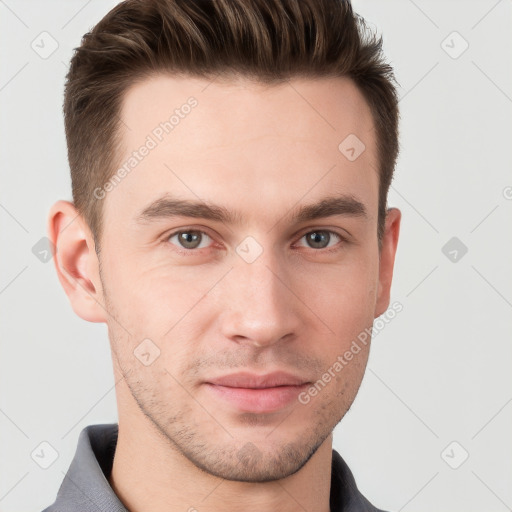 Neutral white young-adult male with short  brown hair and grey eyes