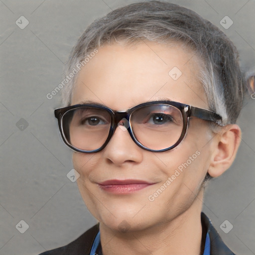 Joyful white adult female with short  brown hair and brown eyes