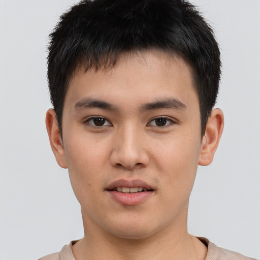 Neutral white young-adult male with short  brown hair and brown eyes