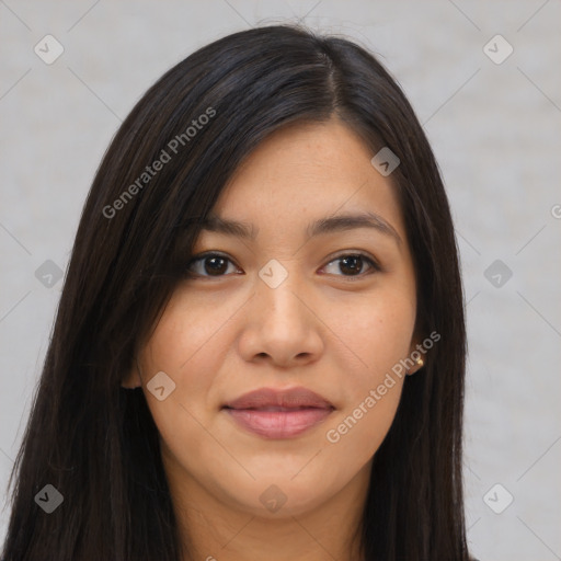 Joyful asian young-adult female with long  black hair and brown eyes