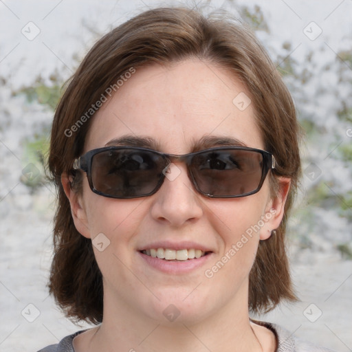 Joyful white young-adult female with medium  brown hair and blue eyes