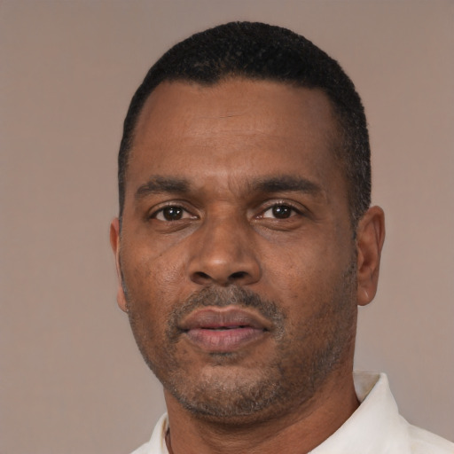 Neutral black adult male with short  black hair and brown eyes