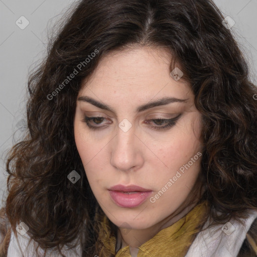 Neutral white young-adult female with medium  brown hair and brown eyes