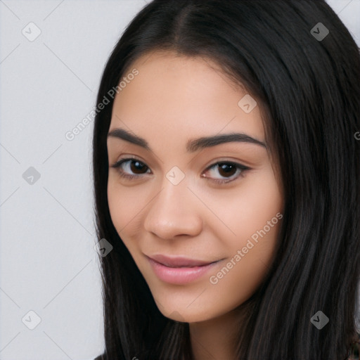 Joyful white young-adult female with long  black hair and brown eyes