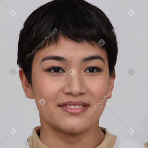 Joyful asian young-adult female with short  brown hair and brown eyes