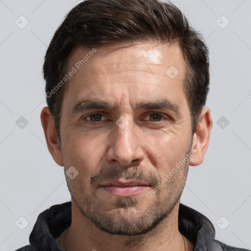 Neutral white adult male with short  brown hair and brown eyes