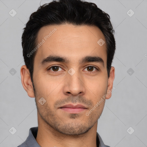 Neutral white young-adult male with short  black hair and brown eyes