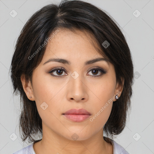 Neutral asian young-adult female with medium  brown hair and brown eyes