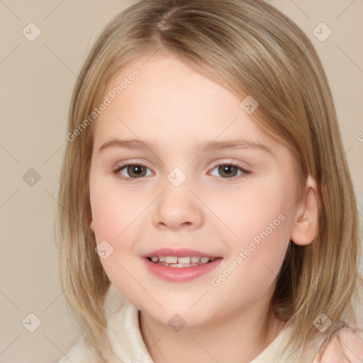 Joyful white child female with medium  brown hair and brown eyes