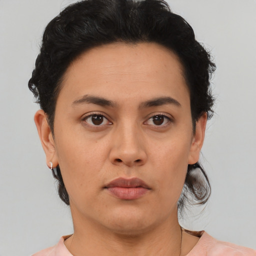 Neutral asian young-adult female with short  black hair and brown eyes