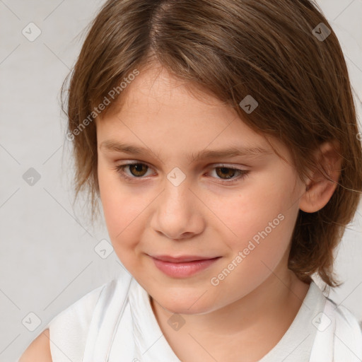 Joyful white child female with medium  brown hair and brown eyes