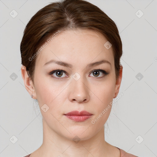 Neutral white young-adult female with short  brown hair and brown eyes