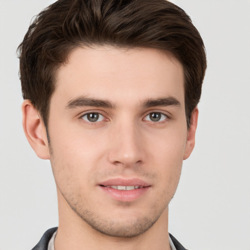 Neutral white young-adult male with short  brown hair and brown eyes