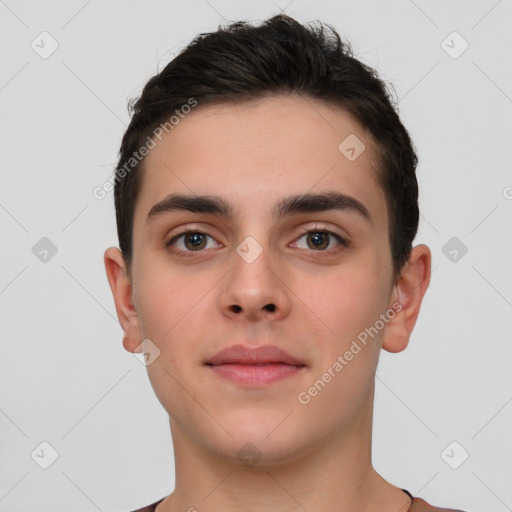 Neutral white young-adult male with short  brown hair and brown eyes