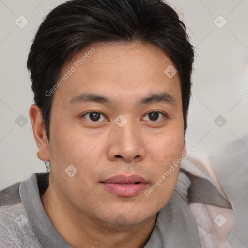 Joyful asian adult male with short  brown hair and brown eyes